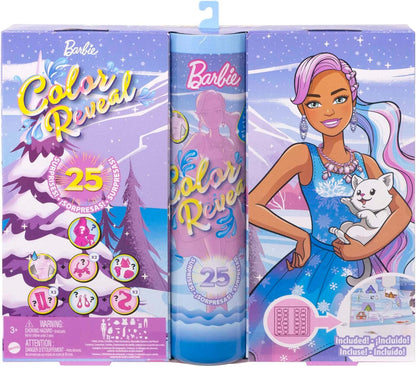 Barbie Calendário do Advento Color Reveal, 1 boneca Color Reveal e 3 animais de estimação, roupas, acessórios e 2 extensões de cabelo, 25 surpresas, presentes de feriado para crianças, HJD60