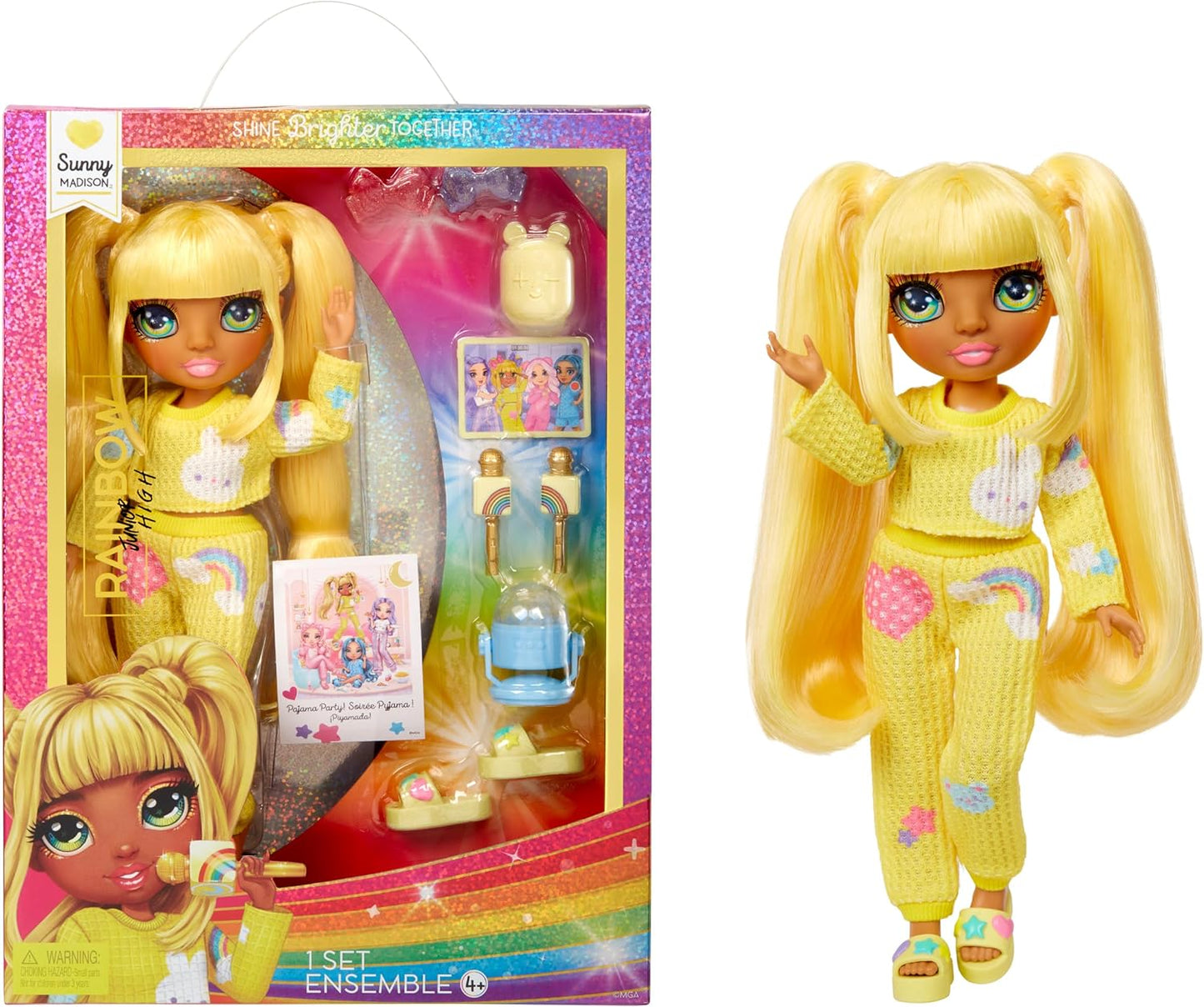 Rainbow High Junior High PJ Party - Sunny (Amarelo) - Boneca articulada de 22 cm com macacão macio, chinelos e acessórios para brincar - Brinquedo infantil - Ótimo para idades de 4 a 12 anos