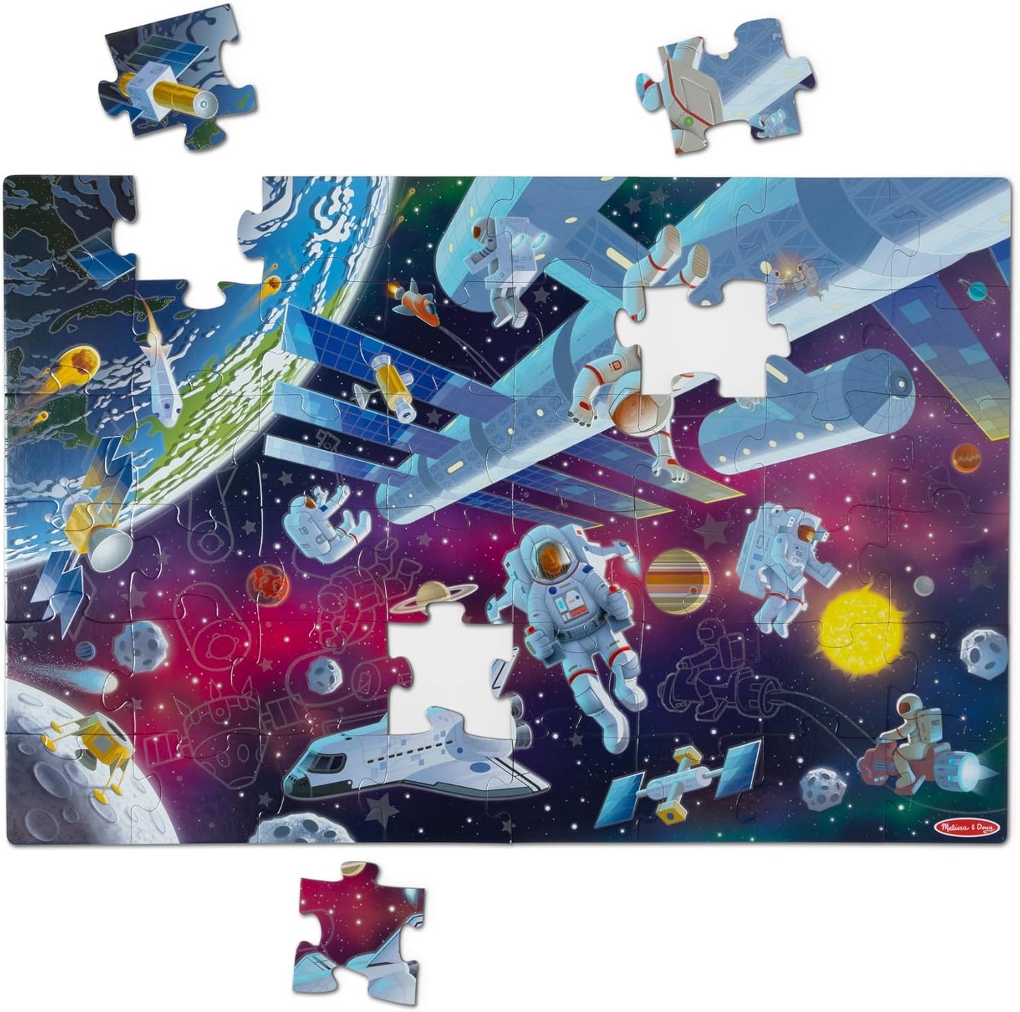 Melissa & Doug Space Glow-in-the-Dark Jigsaw Floor Puzzle - 48 peças, quebra-cabeças para crianças de 3 anos, quebra-cabeça de papelão, brinquedos Montessori, quebra-cabeças para crianças, solução de problemas