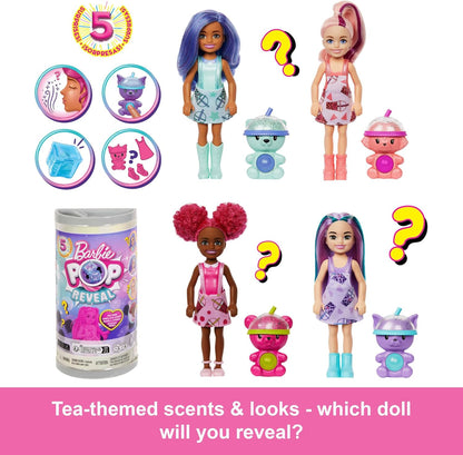 Barbie Boneca Chelsea Pop Reveal Bubble Tea Series com pacote inspirado em lata de chá e 5 surpresas, incluindo boneca pequena perfumada e animal de estimação Pop-It (os estilos podem variar), HRK63