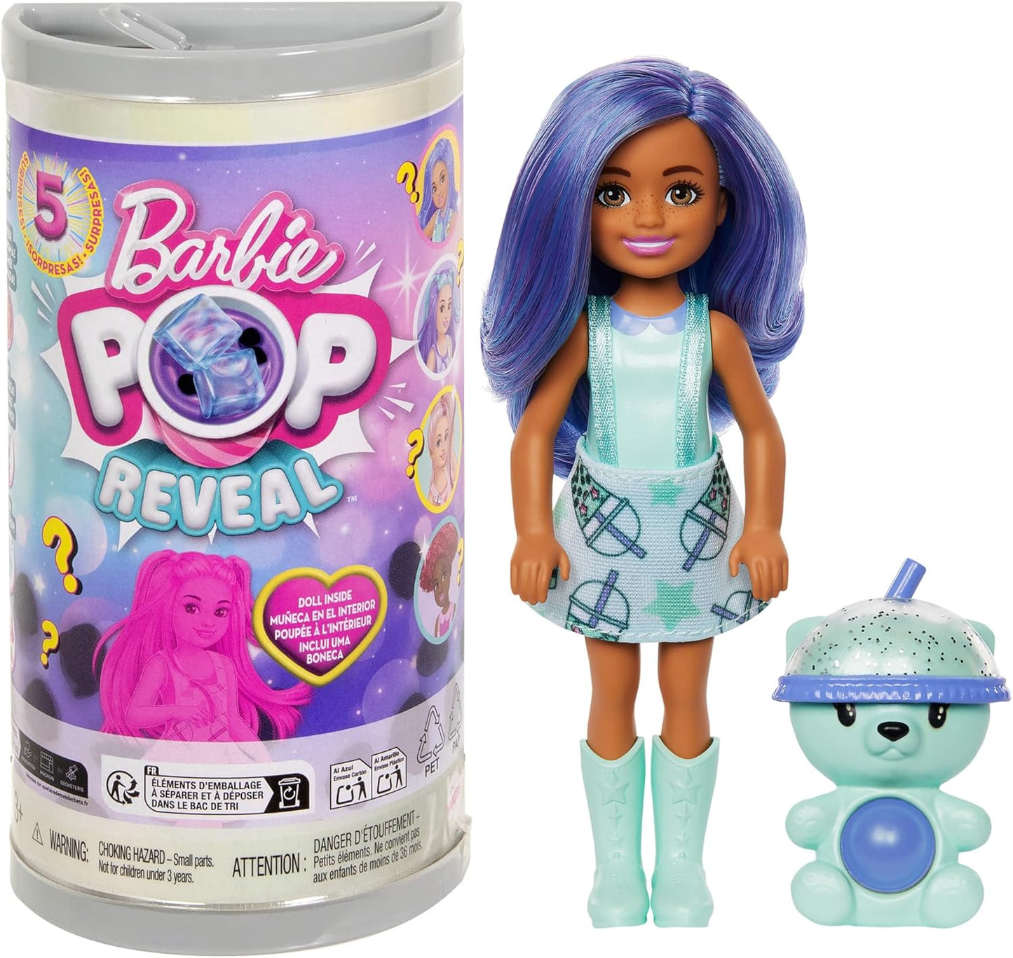 Barbie Boneca Chelsea Pop Reveal Bubble Tea Series com pacote inspirado em lata de chá e 5 surpresas, incluindo boneca pequena perfumada e animal de estimação Pop-It (os estilos podem variar), HRK63