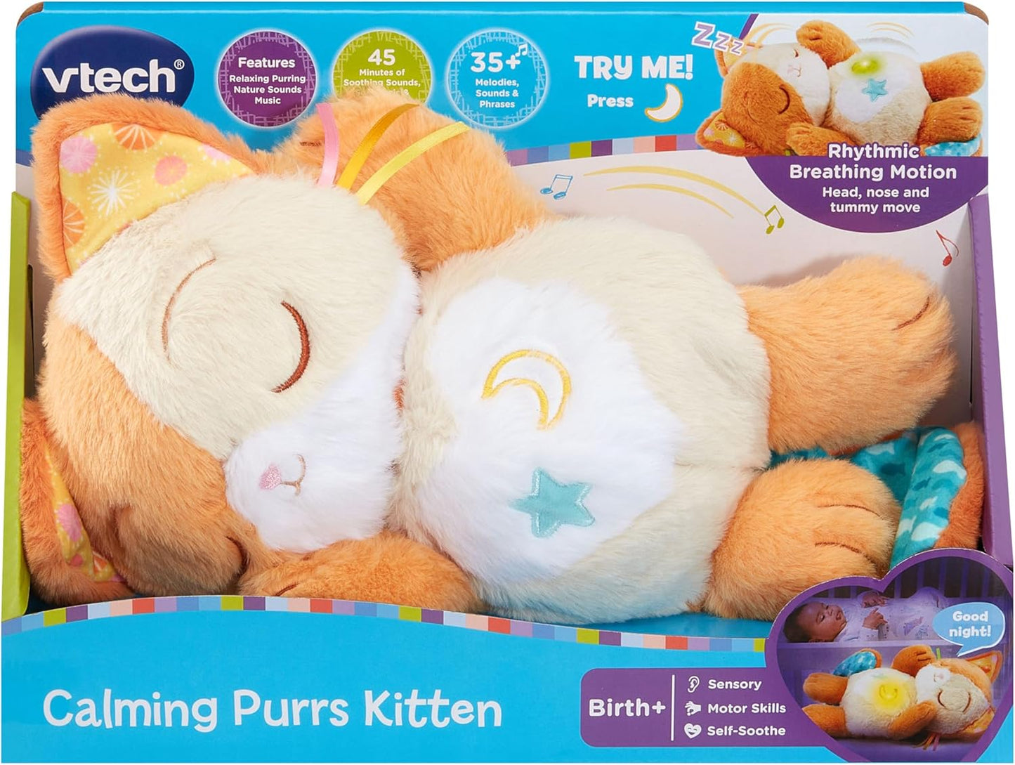 VTech Gatito Calmante Ronroneante para Bebés, Gatito Suave y Relajante con 3 Modos de Juego, Sonidos de la Naturaleza, Movimiento de Ronroneo y Respiración, Juguete Interactivo, Regalo para Bebés de 0, 3, 6, 12 Meses+, Versión en Inglés