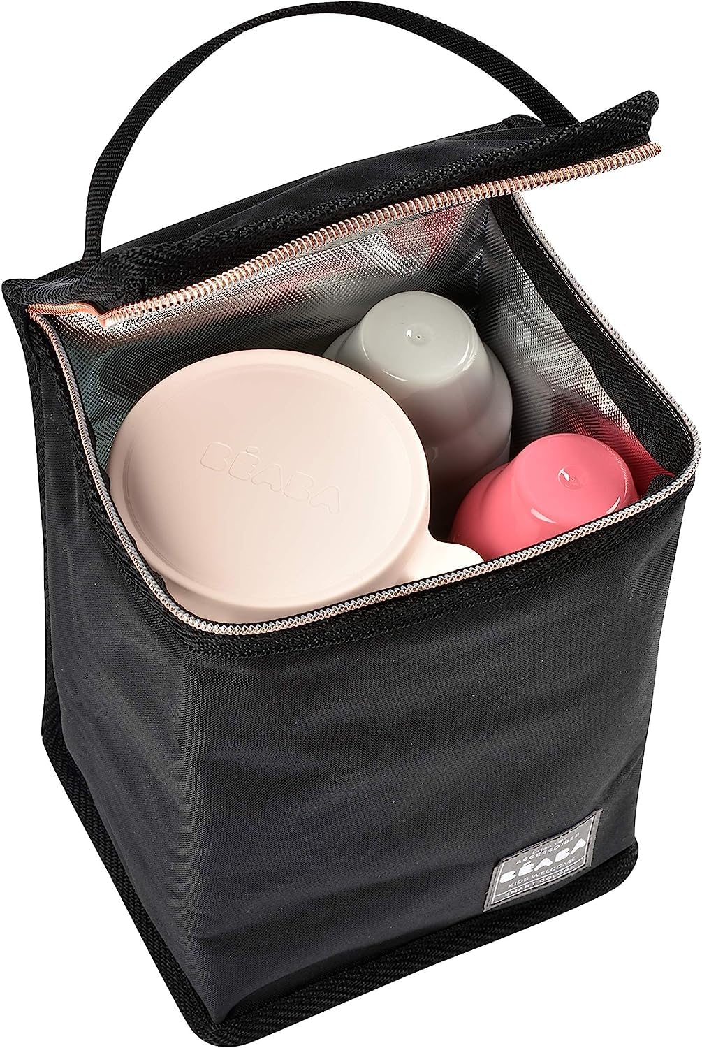 BÉABA - Bolsa Isolada para Refeições para Bebês - Grande Capacidade - Armazenamento de Garrafa Térmica - Bolsa para transportar refeições completas - Dobrável - Material Macio Impermeável - Preto/Rosa