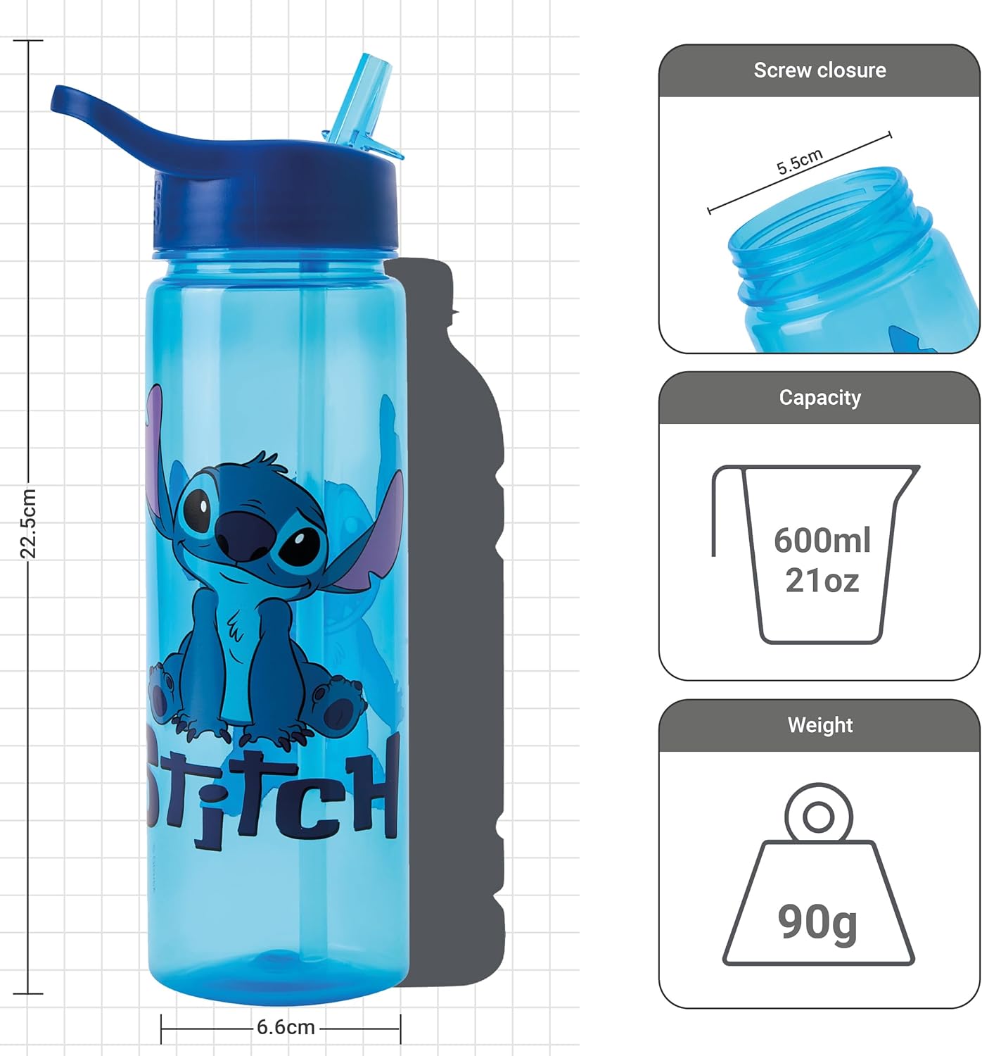 Botella de agua Disney Stitch con pajita abatible de 600 ml - Productos oficiales Polar Gear - Reutilizable para niños, antiderrames, sin BPA, plástico reciclable, ideal para la escuela, guardería, deportes, picnic, azul