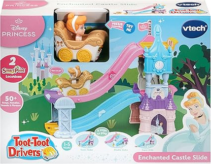 VTech Toot-Toot Drivers Castillo Encantado Tobogán, Juego Oficial de Princesas Disney con Vehículo Cenicienta Incluido, Luces, Frases, Canciones, Juguete Interactivo para Niños Pequeños 12 Meses, 2, 3, 4+, Versión en Inglés