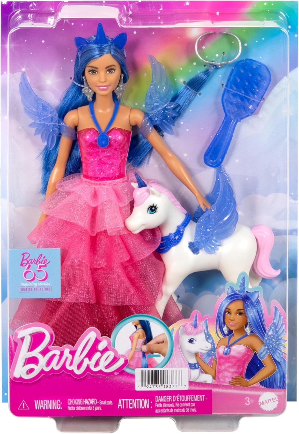 Barbie Unicórnio de brinquedo, boneca comemorativa do 65º aniversário com cabelo azul, vestido rosa e acessórios como asas de safira e alicórnio de estimação, HRR16