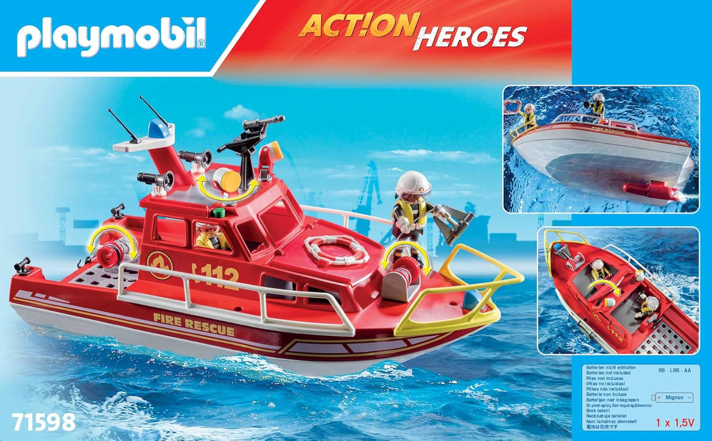 Playmobil 71598 Action Heroes: barco de resgate de incêndio, missão de resgate na água, barco flutuante com teto e acessórios removíveis, conjuntos de jogos cheios de ação adequados para crianças a partir de 4 anos