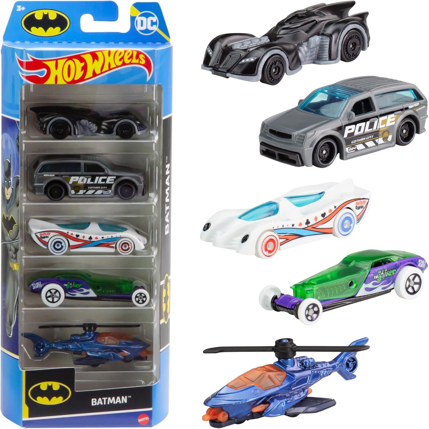 Hot Wheels Carros de brinquedo em escala 1:64, conjunto de 5 veículos com tema do Batman, HXD61