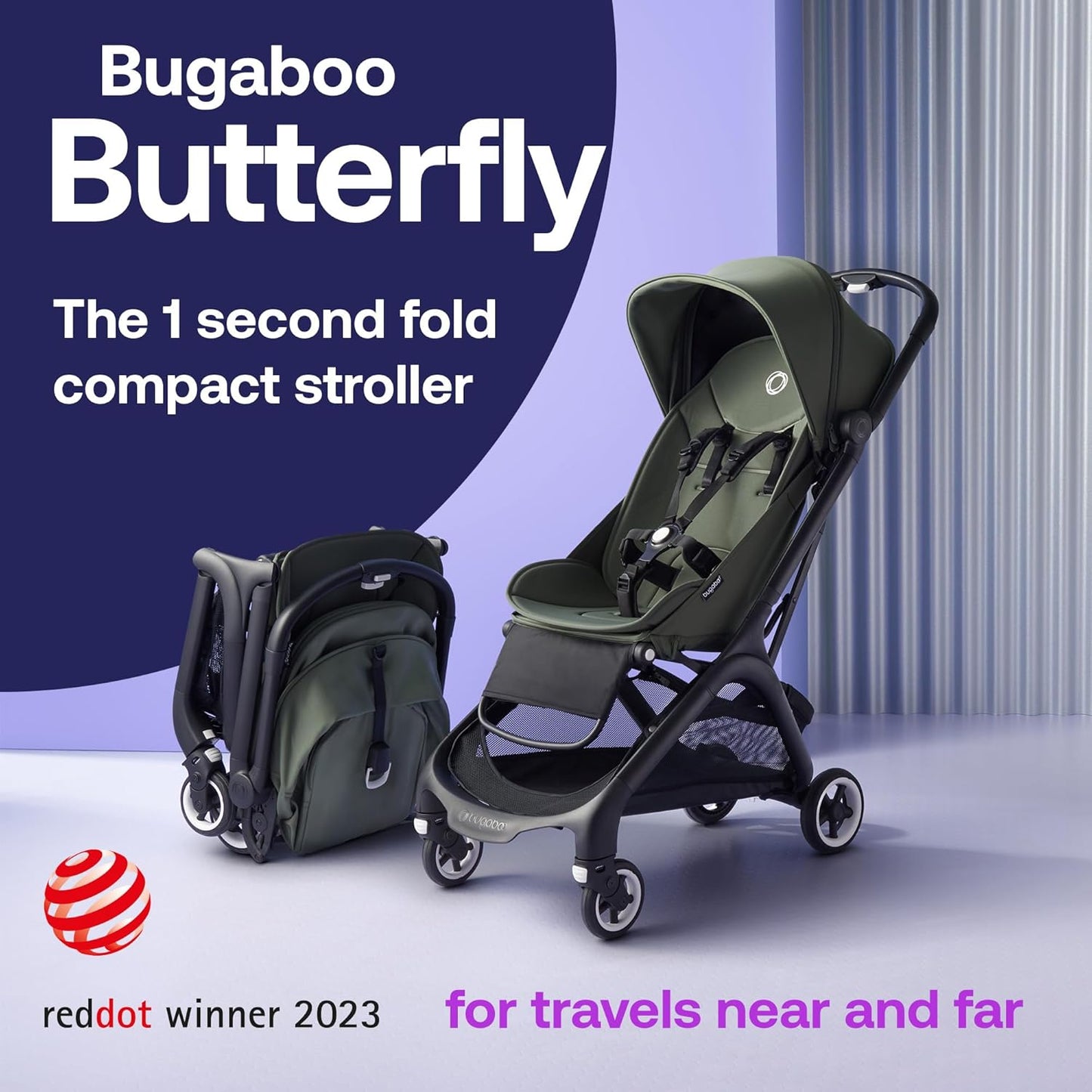 Bugaboo Butterfly Cochecito de Viaje Ultracompacto, Pequeño y Ligero, Fácil de Plegar en 1 Segundo, Cochecito Urbano Ergonómico y Extra Espacioso para Bebés y Niños Pequeños, Conducción Cómoda, Negro/Verde Bosque