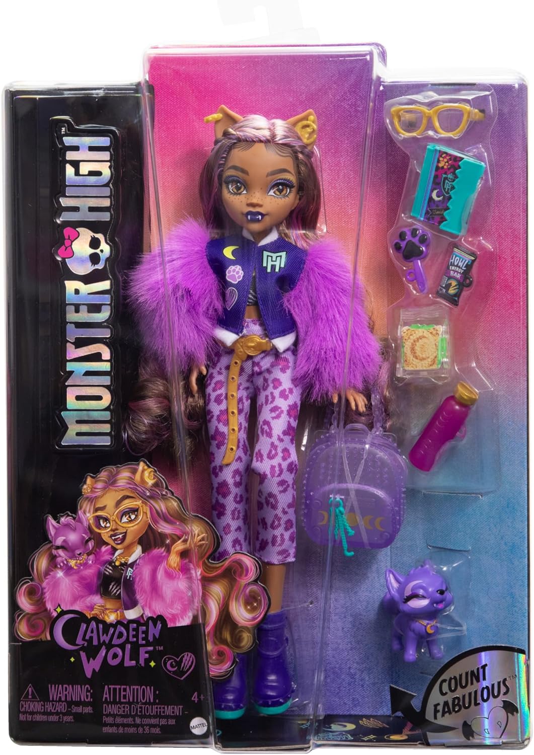 Monster High Boneca Clawdeen Wolf com cão de estimação crescente e acessórios como mochila, planejador, lanches e muito mais, HRP65