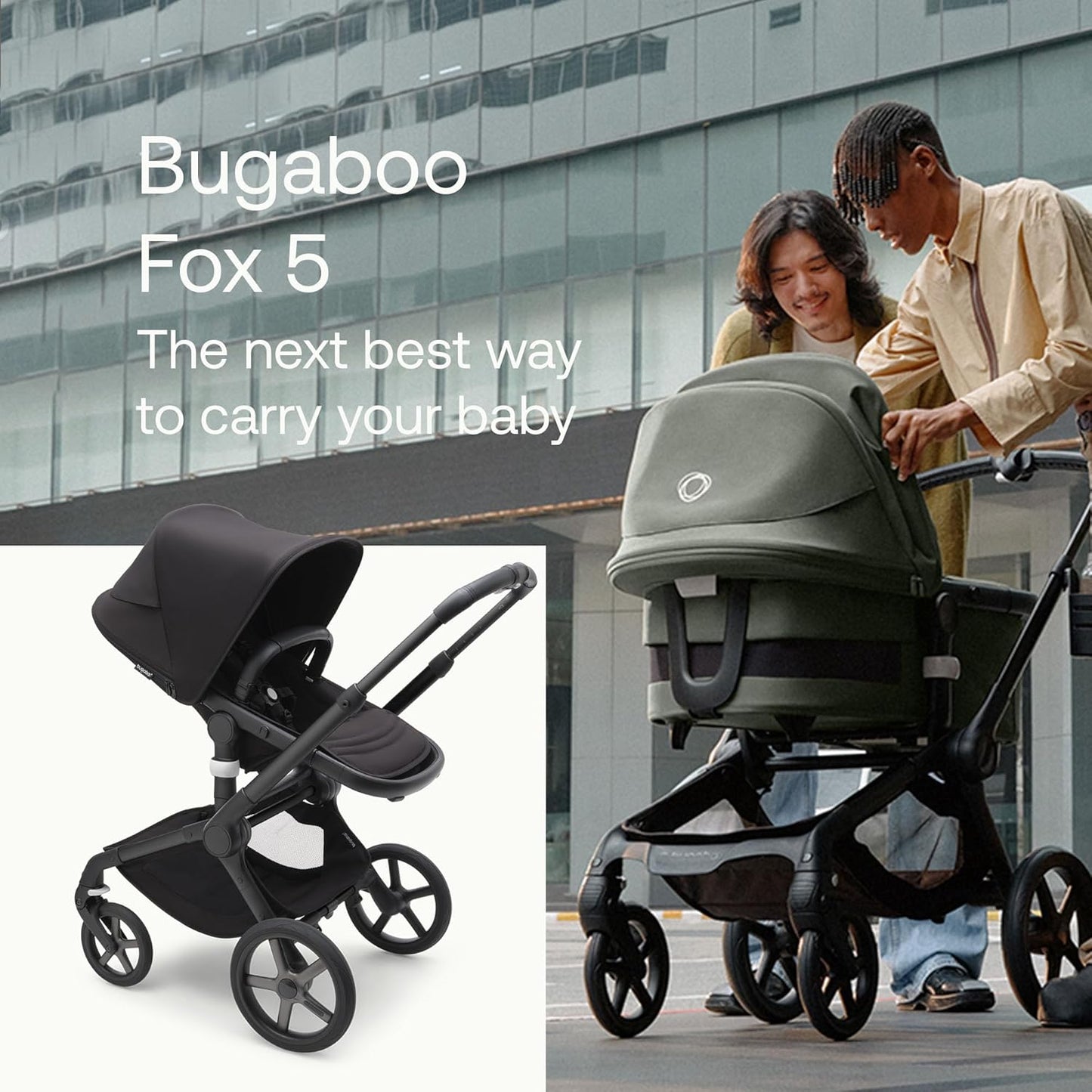 Bugaboo Carrinho de passeio Fox 5 All-Terrain, carrinho de bebê 2 em 1 com suspensão total, dobra fácil, berço espaçoso, assento extensível para crianças pequenas, manobrabilidade com uma mão, chassi preto e capota de sol preta