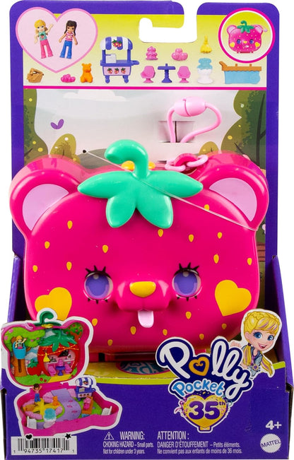 Polly Pocket Dolls & Playset, Straw-Beary Patch compacto com 2 micro bonecas e 12 acessórios, brinquedo de viagem com exterior Fidget