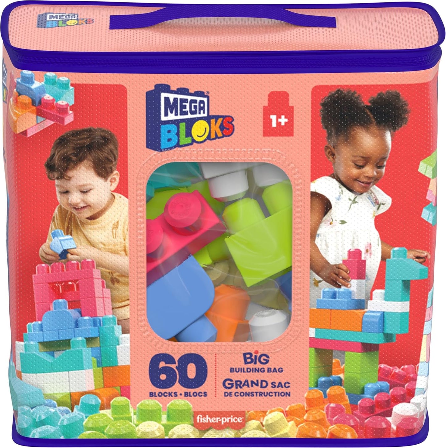 MEGA Conjunto de construção grande BLOKS Big Building Bag com 60 blocos de construção grandes e coloridos e 1 saco de armazenamento, conjunto de brinquedo para presente para maiores de 1 ano, DCH54