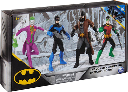 DC Comics, Batman, Team Up 4-Pack (exclusivo da Amazon), Batman, The Joker, Robin, bonecos de ação de 4 polegadas do Asa Noturna, brinquedos infantis de super-heróis para meninos e meninas