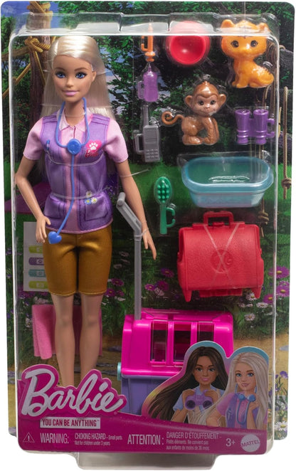 Barbie  Boneca e acessórios Careers, conjunto de resgate e recuperação de animais com boneca loira, bonecos de macaco e tigre, transportadora e muito mais, HRG50