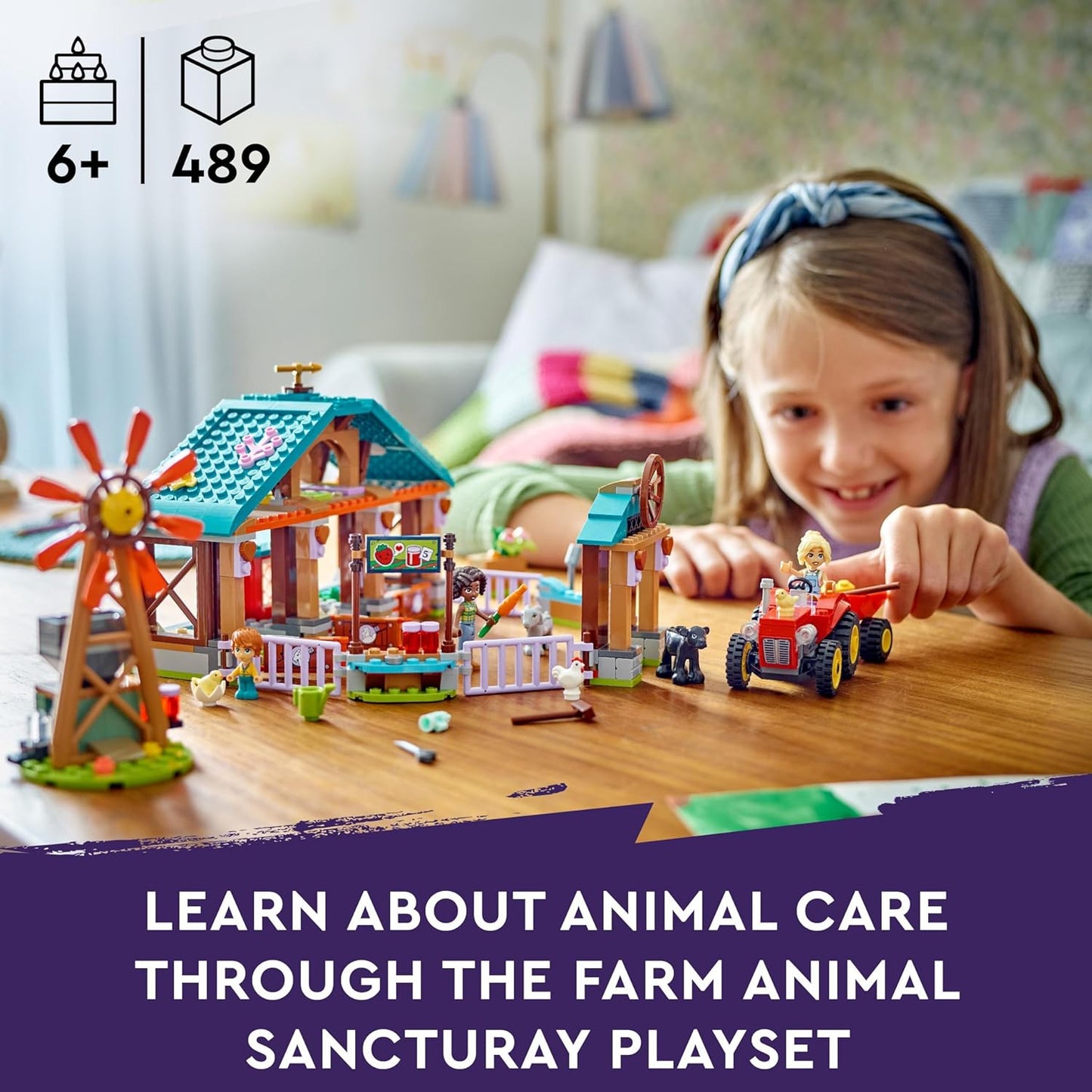 LEGO Friends Farm Animal Sanctuary, conjunto de brinquedos com trator para meninas, meninos e crianças com mais de 6 anos, conjunto de dramatização inclui 3 figuras de personagens, 5 animais e acessórios de comida 42617