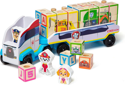 Melissa & Doug Caminhão de brinquedo PAW Patrol com blocos de construção de madeira com alfabeto e número, brinquedos infantis para meninas e meninos de 3 anos ou mais, brinquedos PAW Patrol para meninos, presente de veículos infantis para menino ou