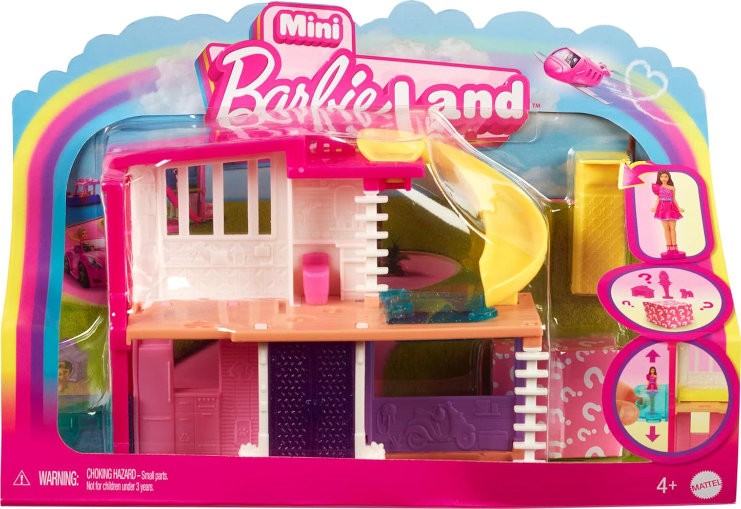 Barbie Mini BarbieLand Doll House Sets, Mini Dreamhouse com surpresa Boneca Barbie de 1,5 polegadas, Móveis e acessórios, Mais elevador e piscina, 4 anos ou mais, HYF47