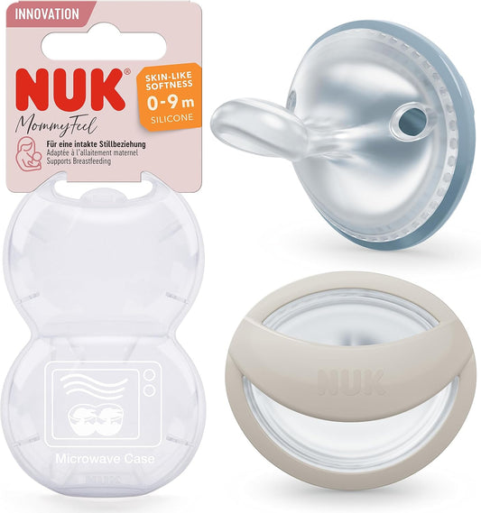 NUK Chupeta de bebê MommyFeel | 0-9 meses | Chupetas amigas da amamentação | Silicone sem BPA | Jeans e Cinza | 2 contagem