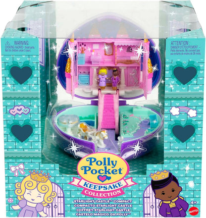 Polly Pocket Keepsake Collection Starlight Castle Compact, tema de castelo encantado, caixa especial, bonecos Polly e Prince, carruagem, figuras de cisne e unicórnio, presente colecionável para fãs de Polly