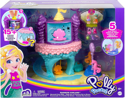 Polly Pocket Conjunto de brinquedos Rainbow Funland Mermaid Cove Ride, bonecas Polly e sereia, 15 acessórios, recurso de dispensador para surpresas