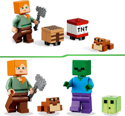 LEGO Minecraft The Swamp Adventure, jogo de construção de brinquedo com figuras de Alex e zumbi no bioma, ideia de presente de aniversário para crianças a partir de 8 anos