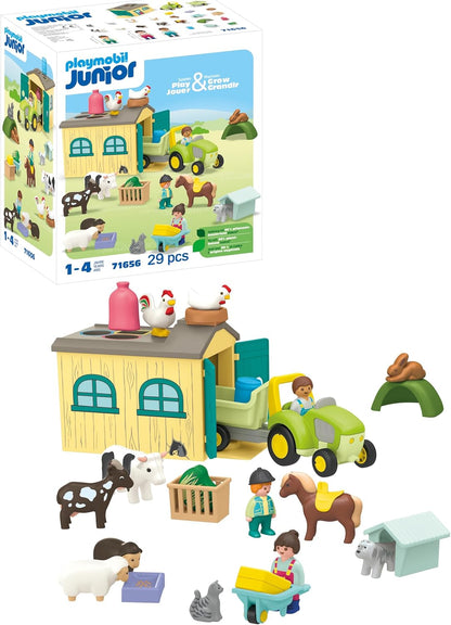 Playmobil 71656 JUNIOR: Farm Adventure com Trator, Trailer e Animal Friends, brinquedo educativo, feito com mais de 90% de plástico de origem vegetal