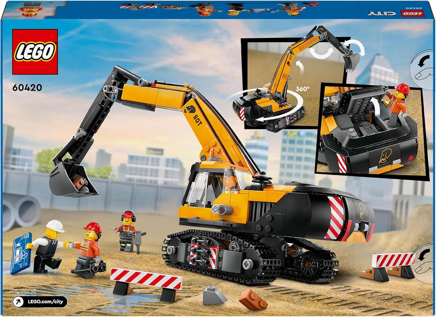 LEGO  Escavadeira de construção City Yellow Toy Digger para meninos, meninas e crianças de 8 anos ou mais, conjunto de veículos com minifiguras de motorista, trabalhador e arquiteto para dramatização divertida, ideia de presente de aniversário 60420