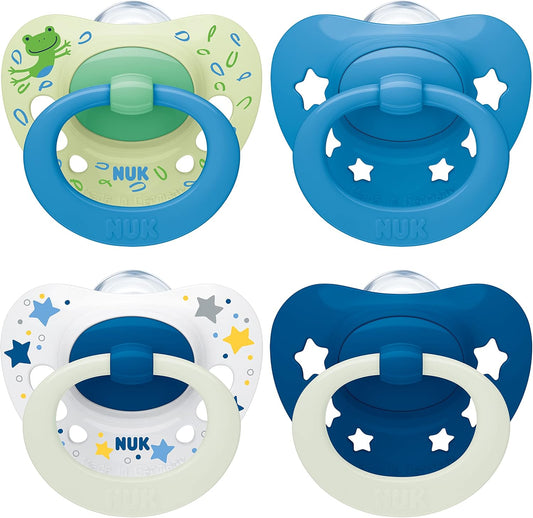 NUK Signature Day & Night Baby Dummy 6-18 meses acalma 95% dos bebês chupetas de silicone em formato de coração sem BPA que brilham no escuro estrelas 4 contagens