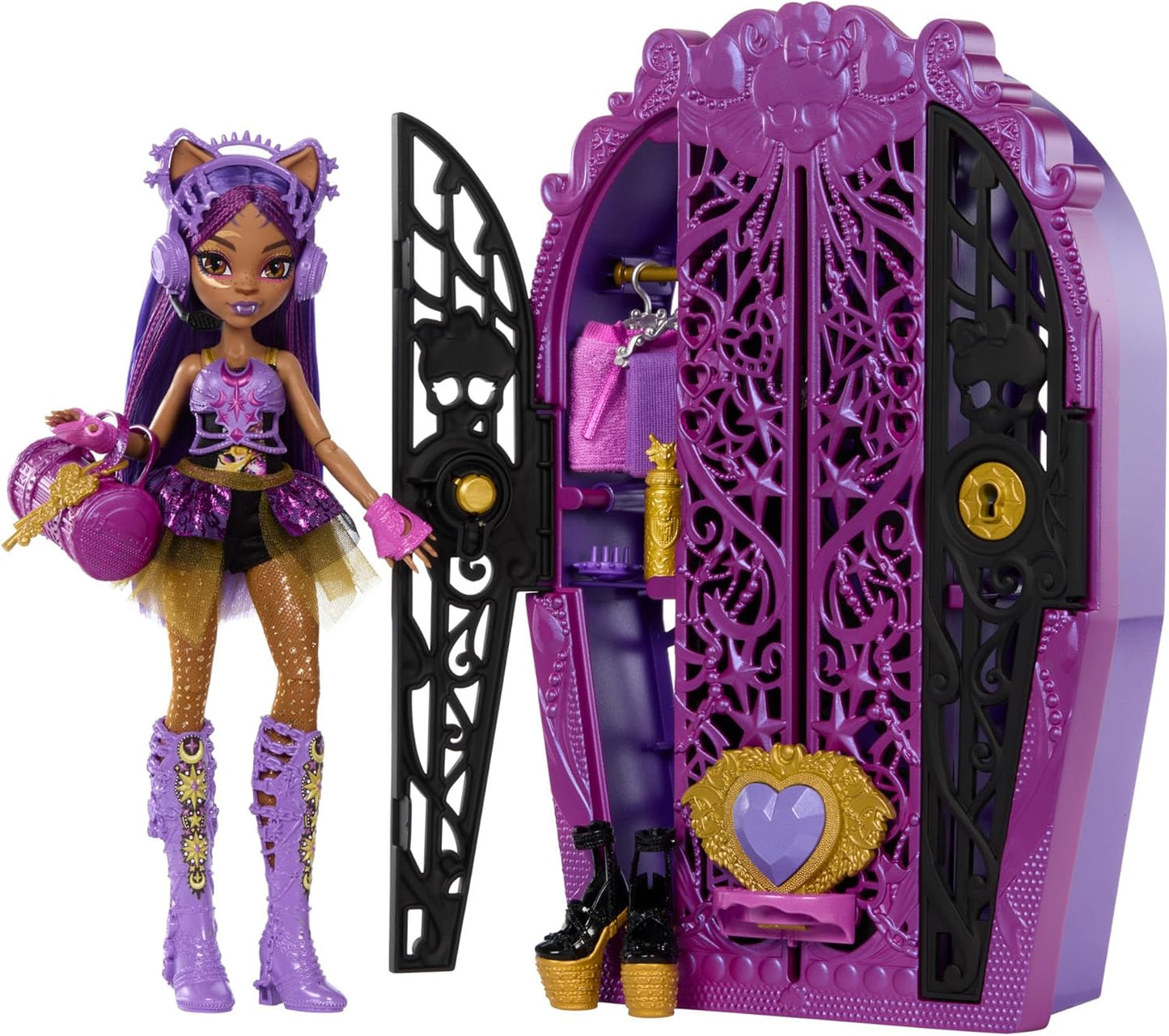 Monster High Skulltimate Secrets Juego de muñecas y accesorios, Monster Mysteries Clawdeen Wolf con tocador y más de 19 sorpresas, incluidos trajes, HXH85