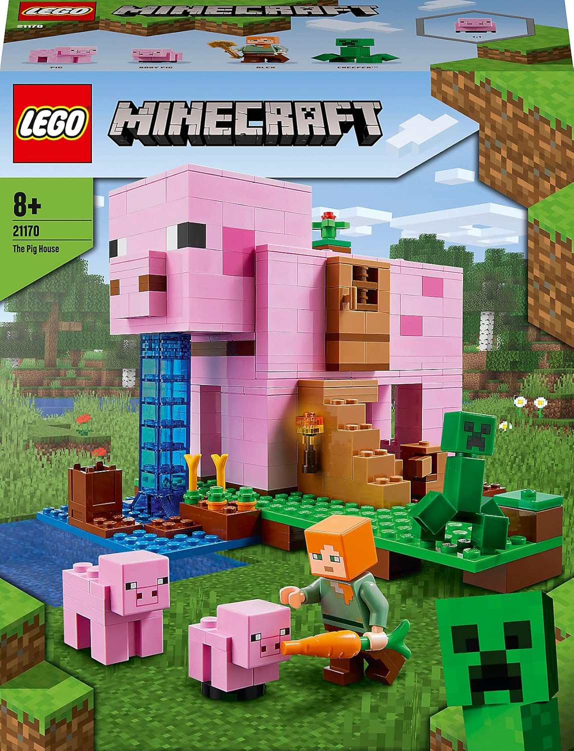 LEGO 21170 Minecraft The Pig House, com Alex, Creeper e 2 figuras de porco, brinquedo de construção de animais, ideia de presente de aniversário para crianças, meninos e meninas com mais de 8 anos de idade