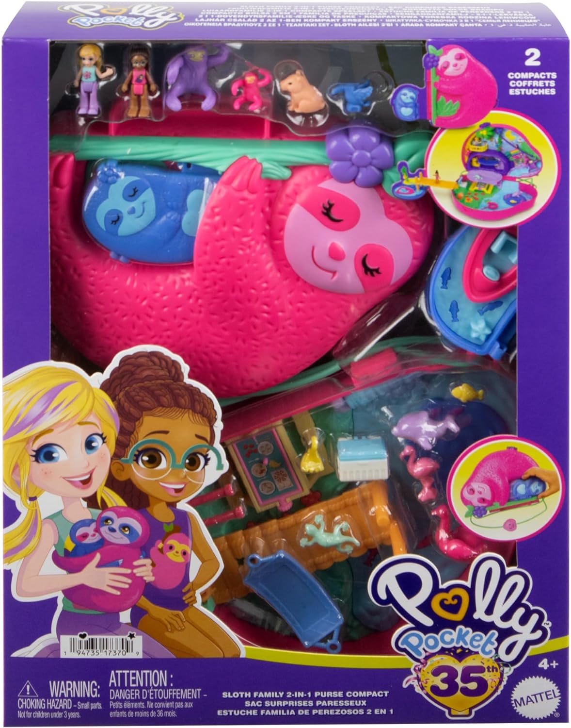 Polly Pocket Playset e brinquedo de viagem com 2 micro bonecas e 12 acessórios, brinquedo animal, bolsa compacta 2 em 1 preguiça