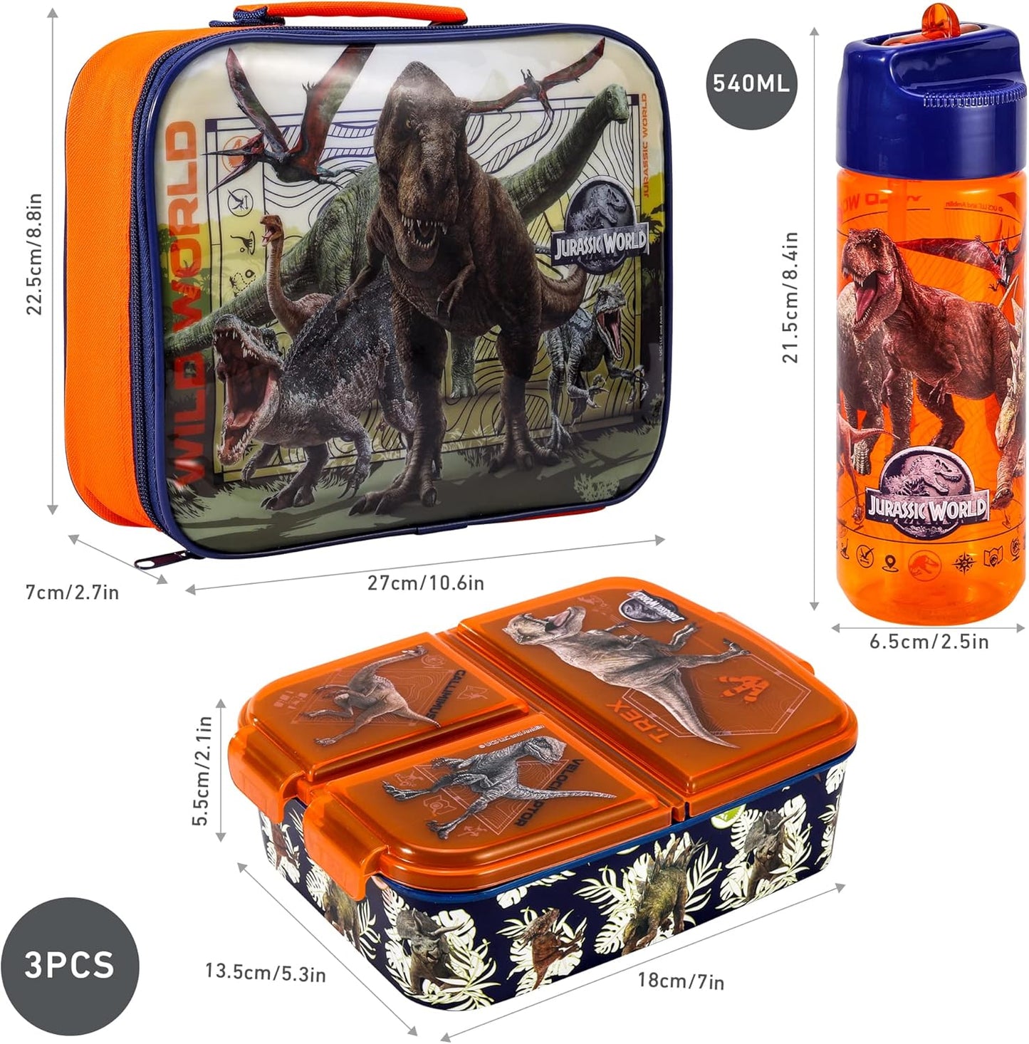 Zawadi Global Conjunto de lancheira infantil Jurassic World Kids - lancheira isolada, lancheira com vários compartimentos e garrafa de água de 540 ml - conjunto de comida para almoço de viagem escolar, sem BPA