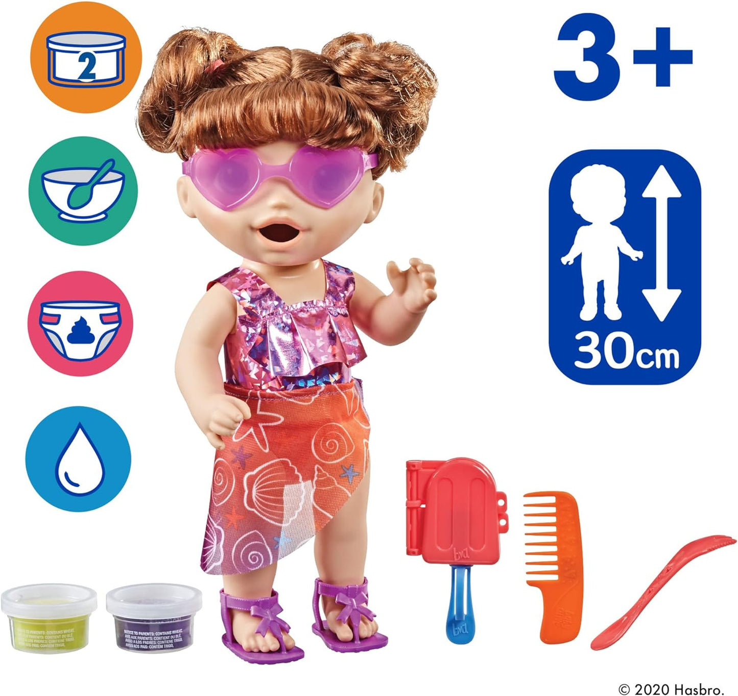 Muñeca Baby Alive Sunshine Snacks, come y caca, muñeca de agua con temática de verano, molde para paletas, juguete para niños a partir de 3 años, cabello castaño