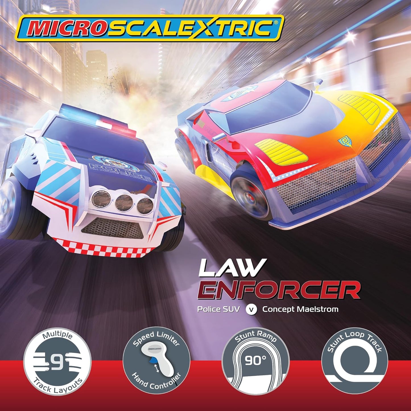 Micro Scalextric - Conjunto de corrida Law Enforcer - Conjuntos de corrida alimentados por rede elétrica, pistas de corrida de slot car para crianças de 4 anos ou mais, inclui 2 carros, 1 conjunto de pista, 1 base de energia elétrica e 2 controladores