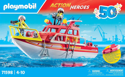 Playmobil 71598 Action Heroes: barco de resgate de incêndio, missão de resgate na água, barco flutuante com teto e acessórios removíveis, conjuntos de jogos cheios de ação adequados para crianças a partir de 4 anos