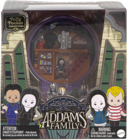 Polly Pocket Collector Playset, The Addams Family Compact com 4 bonecos de personagens de edição especial e 10 acessórios, HXW25