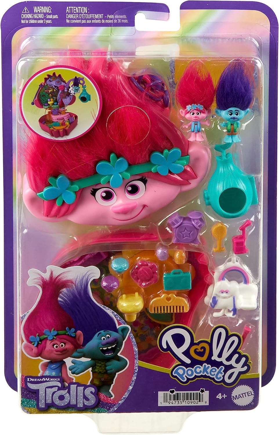 Polly Pocket e DreamWorks Trolls Playset compacto com bonecas Poppy e Branch e 13 acessórios, brinquedo colecionável inspirado em Trolls Band Together