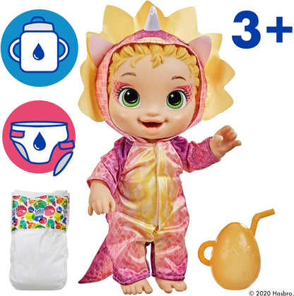 Boneca Baby Alive Dino Cuties, Triceratops, acessórios para bonecas, bebidas, molhados, brinquedo de dinossauro Triceratops para crianças de 3 anos ou mais, cabelo loiro