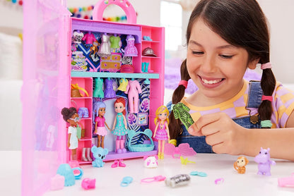 Polly Pocket Conjunto com 4 bonecas, 3 animais de estimação e 50 acessórios de moda, coleção de moda Stylin' Safari, estojo com tema de animais