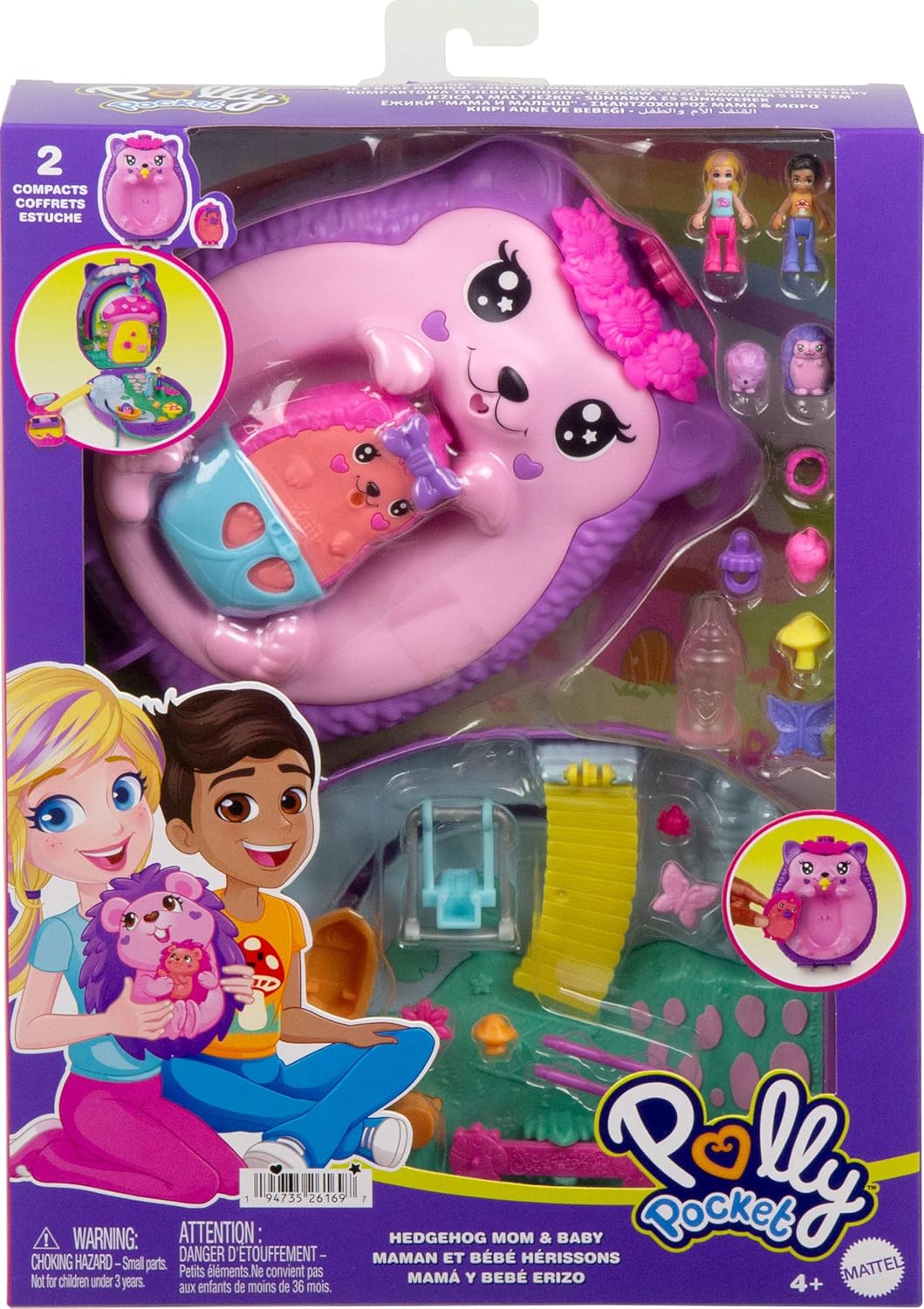 Brinquedo de viagem 2 em 1 Polly Pocket com 2 micro bonecas e 16 acessórios, conjunto de bolsa de ouriço com tema de animal de estimação, JBJ91