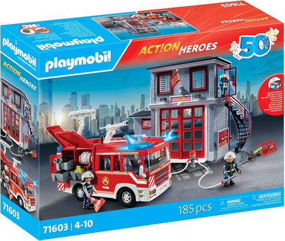 Playmobil 71603 Action Heroes: Fire Rescue Mega Set, grande conjunto de bombeiros com equipe de resposta e vários acessórios, conjuntos de jogos cheios de ação adequados para crianças de 4 anos ou mais