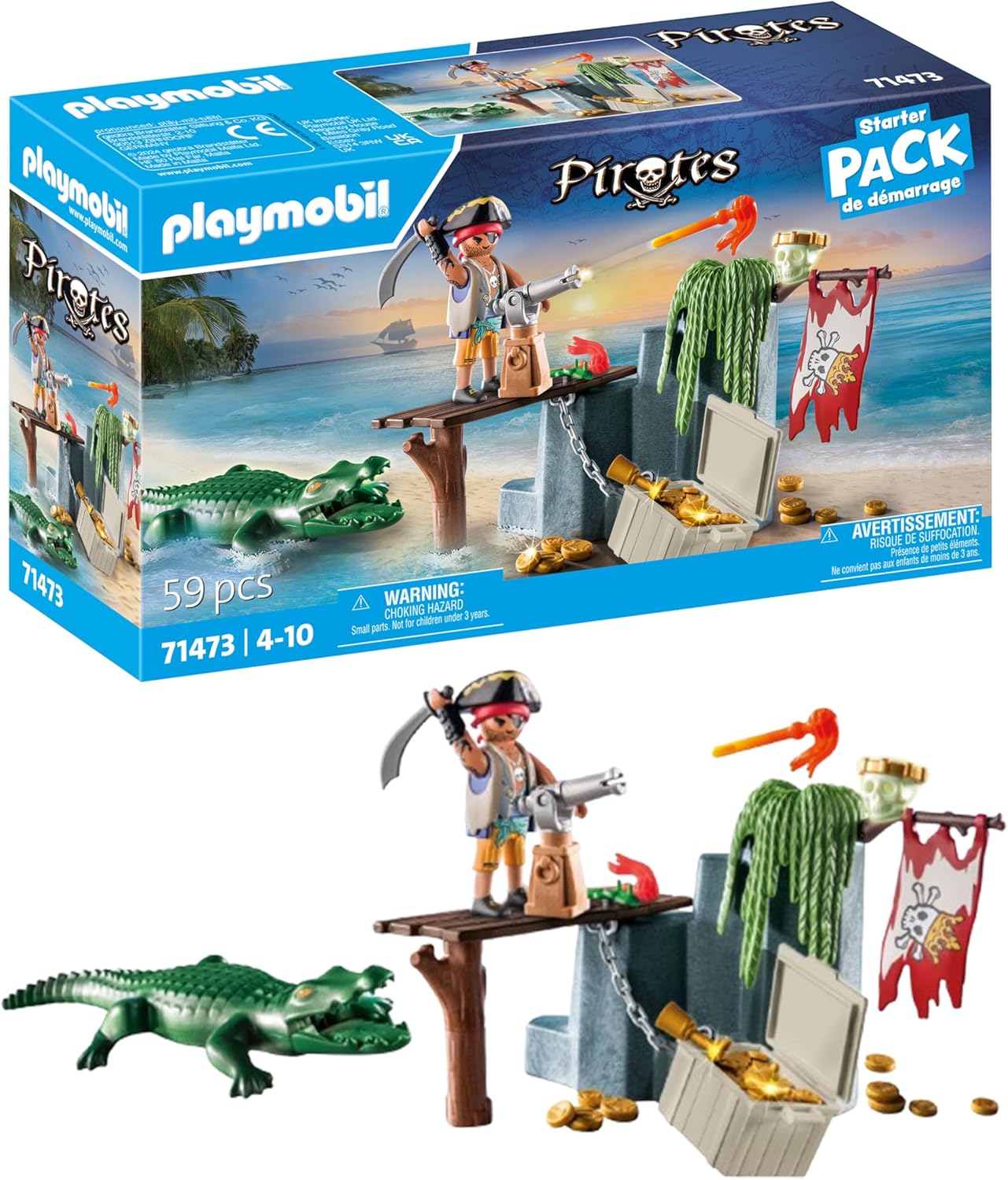 Playmobil 71473 Pirates: Pirate with Alligator Starter Pack, mundo de fantasia pirata, dramatização divertida e imaginativa, conjuntos de jogos adequados para crianças de 4 anos ou mais