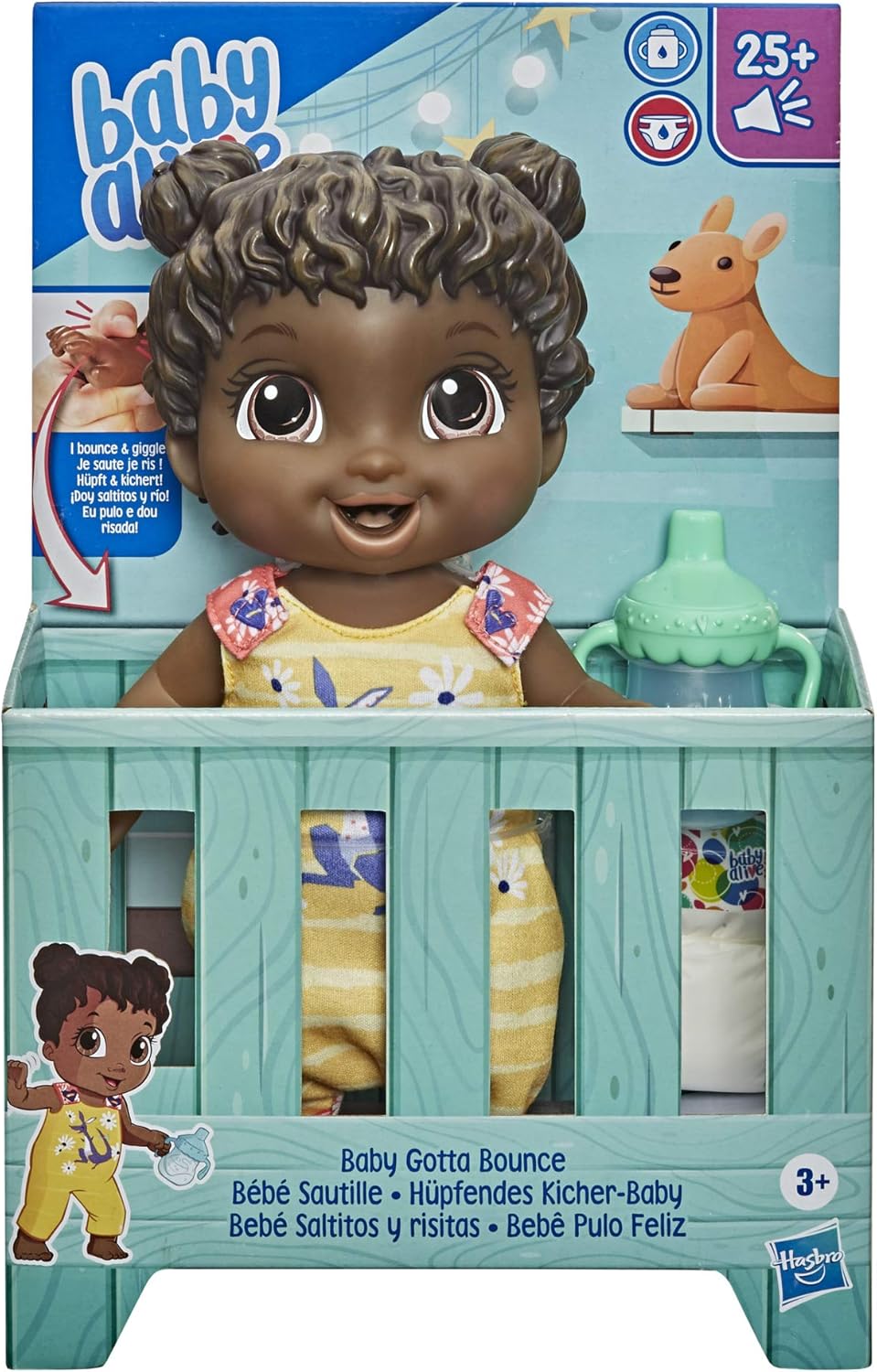 Baby Alive Baby Gotta Bounce Boneca, roupa de canguru, salta com mais de 25 efeitos sonoros e risadinhas, bebe e molha, brinquedo de cabelo preto para crianças a partir de 3 anos