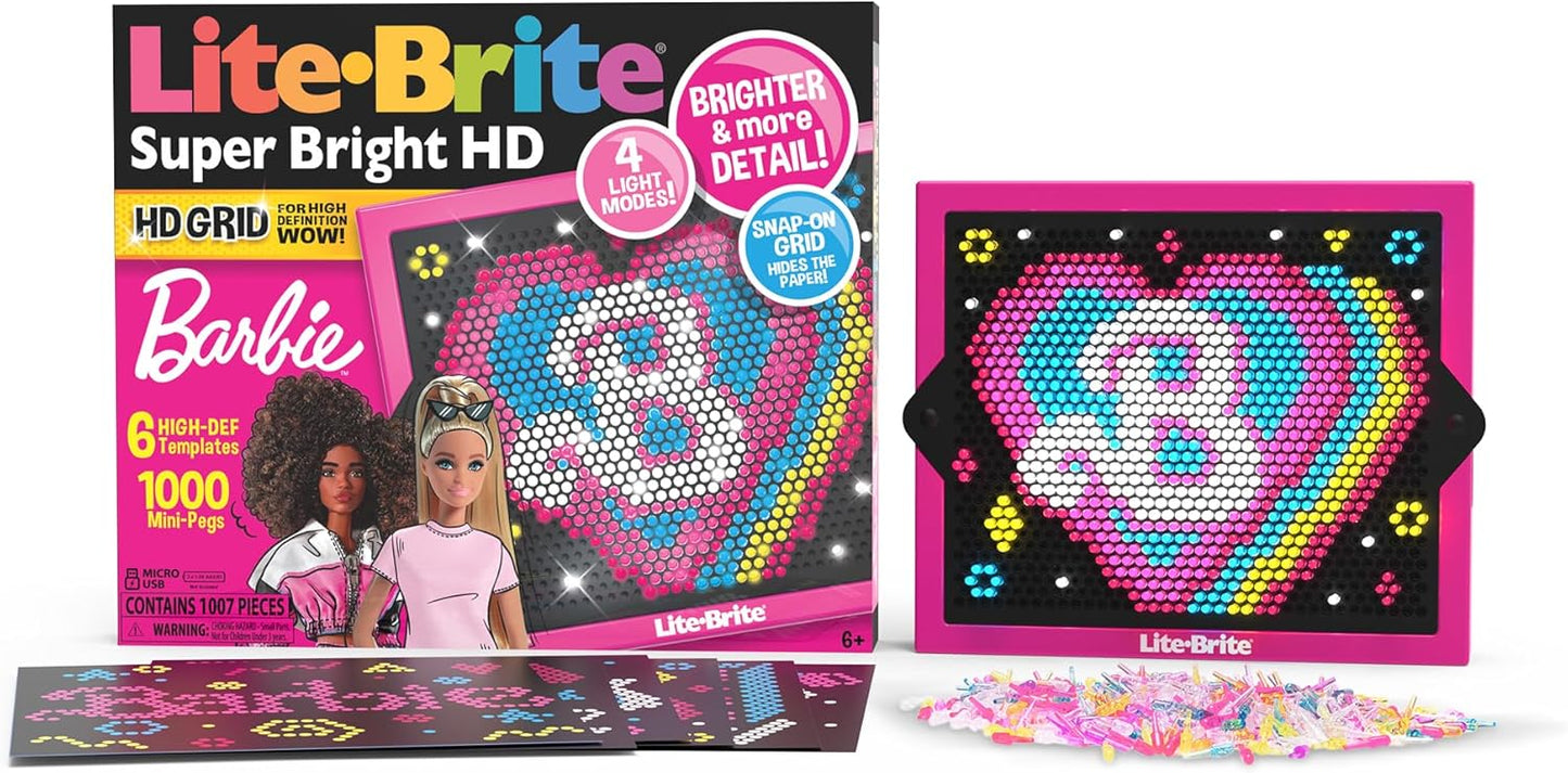 Lite Brite | Edição Barbie Super Brilhante HD | Prancheta iluminada, placa LED, brinquedos iluminados para brincadeiras criativas, prancheta com efeito neon de arte brilhante, brinquedos leves para crianças de 4 anos ou mais