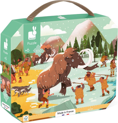 Janod - Puzzle Prehistórico - Puzzle de Cartón FSC de 100 Piezas - Panorama Prehistórico - Desarrolla la Paciencia y la Concentración - Made in France - Puzzle Infantil a partir de 6 años,