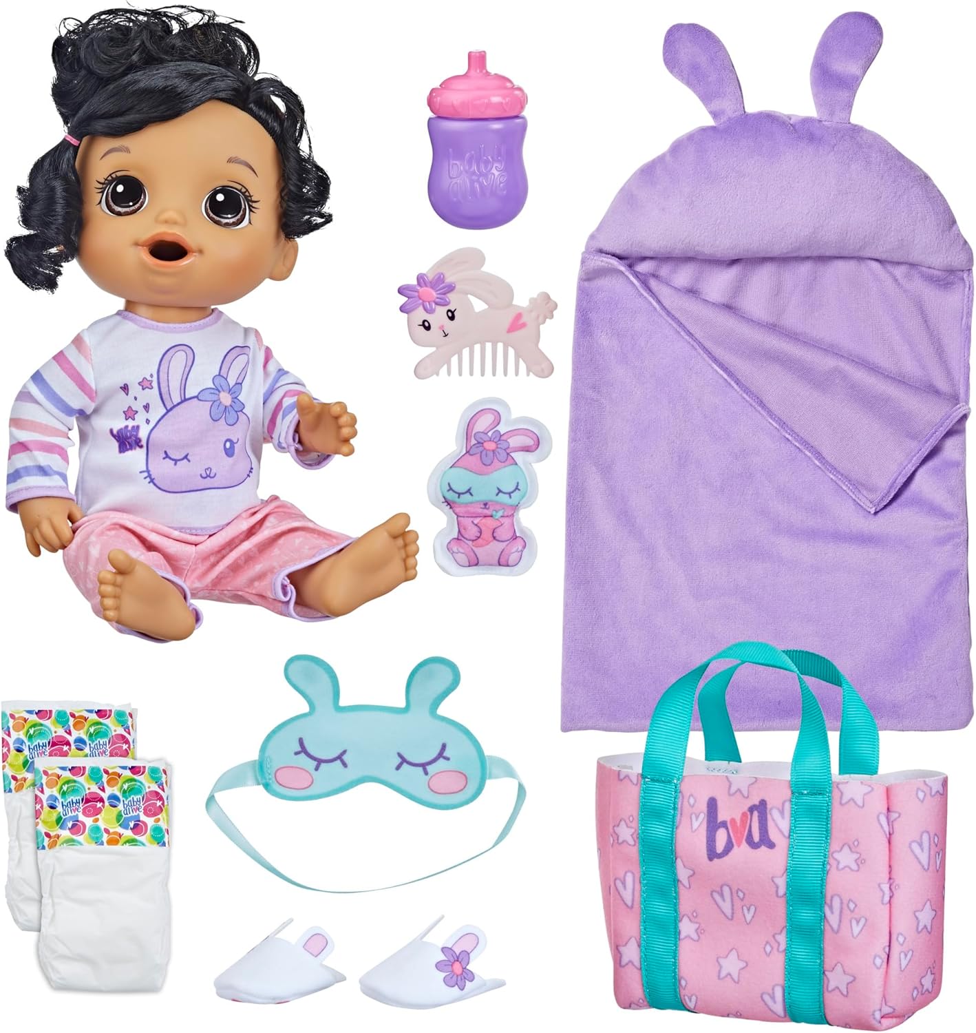 Baby Alive Bunny Sleepover Doll, muñecas de 12 pulgadas con tema de sueño, saco de dormir y accesorios para muñecas con temática de conejito, juguetes para niñas y niños de 3 años en adelante, cabello castaño (exclusivo de Amazon)