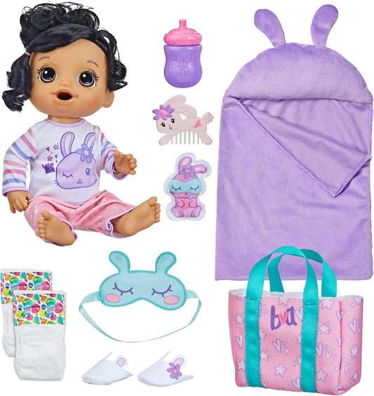 Boneca Baby Alive Bunny Sleepover, bonecas de 12 polegadas com tema para dormir, saco de dormir e acessórios para bonecas com tema de coelho, brinquedos para meninas e meninos de 3 anos e acima, cabelo castanho (exclusivo da Amazon)