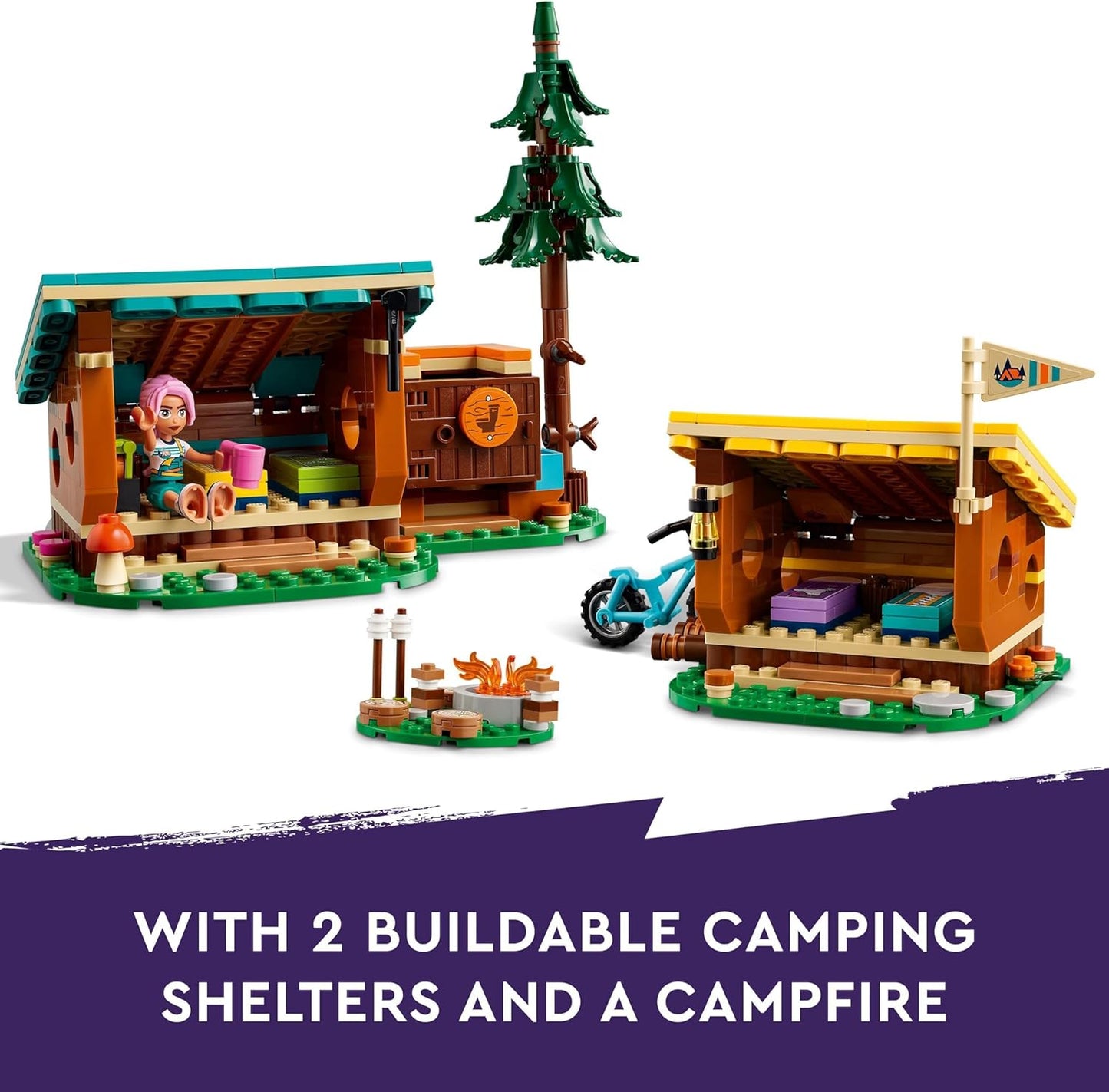 LEGO Conjunto de brinquedos de acampamento Friends Adventure Camp Cozy Cabins, conjunto infantil de natureza, brincadeira de simulação para meninas e meninos de 7 anos ou mais, com 3 personagens minibonecas e uma raposa 42624