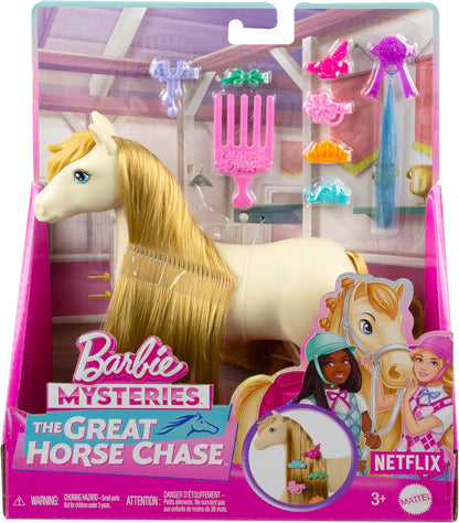 Barbie  Cavalo e acessórios, brinquedos de Barbie Mysteries: The Great Horse Chase, crina extra longa para escovar e pentear (os estilos podem variar), HXJ36